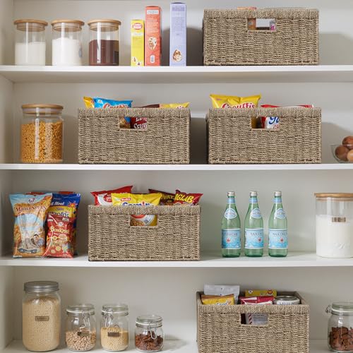 StorageWorks Large Wicker Storage Basket, Seagrass Rectangle Basket with Built-in Handles, Handwoven Rattan Basket for Blanket, 1 Pack