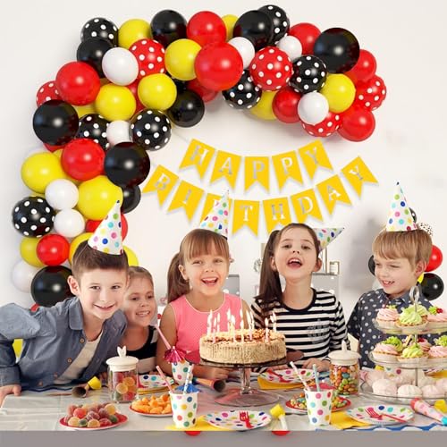 Image of Rozi Decoration Mickey Theme Latex, Cardstock Birthday Decoration Set of 51 Pcs Red, Black & Yellow Balloons with Happy Birthday Banner for Mickey Birthday Party Decorations