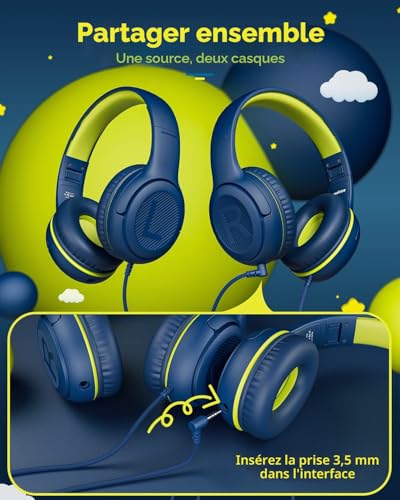 awatrue Casque Audio Enfant, Jack 3,5 mm, Volume Limité 85/94db, Bleu‑Vert – vue 5