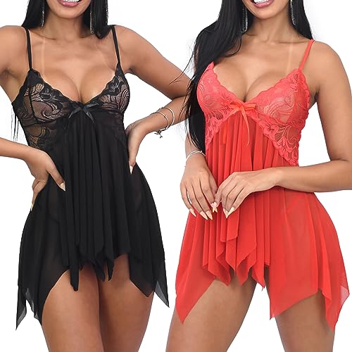 Lingerie Sexy Feminina - Kit 2 Conjuntos de Camisola Sensual com Renda e Laço e Calcinha Fio Dental