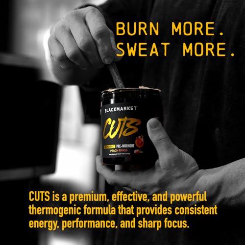 Image of BLACKMARKET CUTS Pre Workout - Flavored Energy Powdered Drink Mix for Men & Women, Great for Muscle Definition, Thermogenic, Creatine Free, (Peach Ring, 30 Servings)