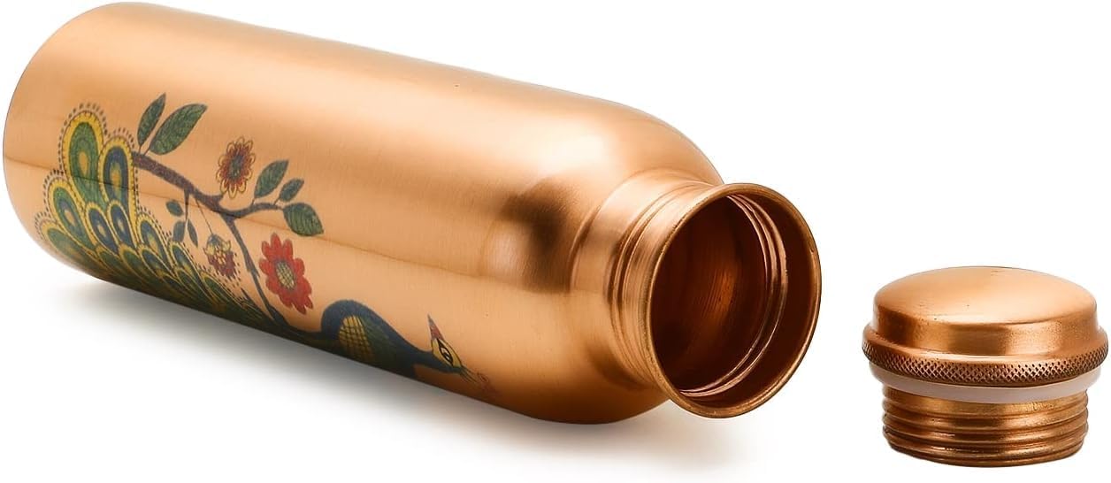 Pure Copper Water Bottle 34Oz | Authentic Ayurvedic Vessel for Immune Support & Wellness | Eco-Friendly, BPA-Free | 100% Food-Grade Copper | Leak-Proof | Peacock Design