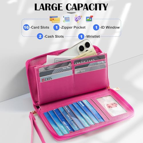 Image of Chelmon Womens Wallet Genuine Leather RFID Blocking Purse Credit Card Clutch (CH Rose Red)