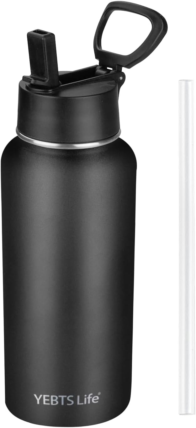 Insulated Water Bottle With Straw,32 oz Vacuum Insulated Stainless Steel Sports Water Flask,Keeps Cold and Hot,Metal Water Bottle Wide Mouth for Gym Travel Camping (Black)