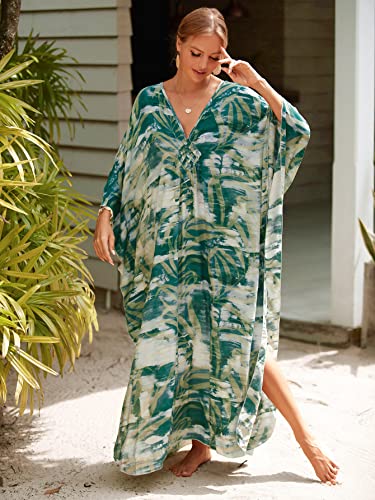 Image of IMAGEKOPE Women's Plus Size Animal Print V-Neck Batwing Kaftan Beach Dress Bathing Suit Cover-Up Loungewear