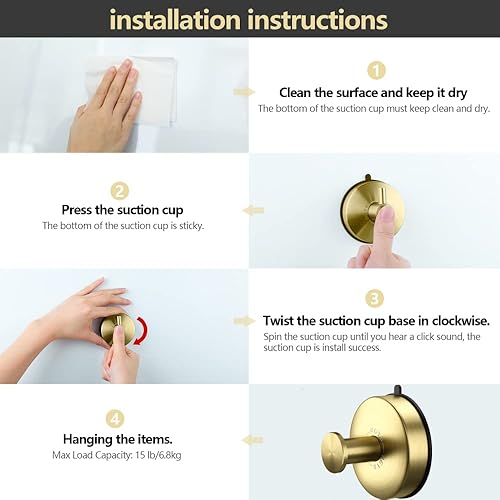 Miniatura 5 de DGYB Juego de 4 ganchos de ventosa para baño, ganchos de ducha dorados para ducha interior, gancho de toalla de acero inoxidable 304 para colgar en