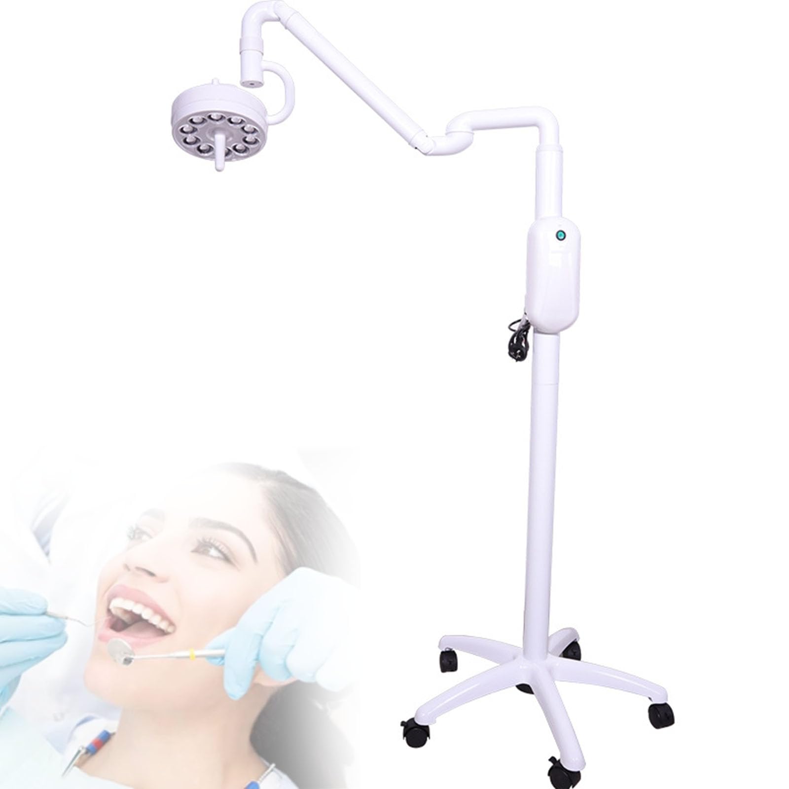 Lampa stomatologiczna do jamy ustnej, lampa bezcieniowa z 10 żarówkami LED, regulowana jasność, uniwersalne kółka, obrót o 360°, do oświetlenia pomocniczego w stomatologii