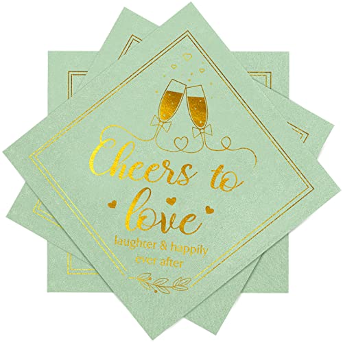 Panelee 100 Pieces Cheers to Love Bridal Shower Napkins 3 Ply Disposable Sage Green Napkins Gold Foil Paper Wedding Cocktail Serviettes for Dinner Engagement Bachelorette Party Decorations, 5 x 5 in