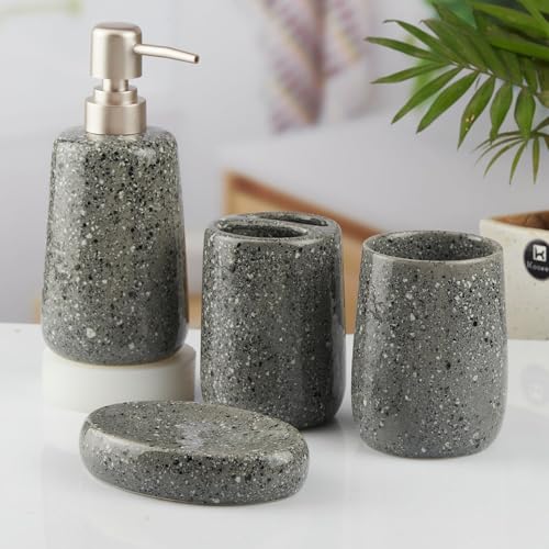 Image of Kookee Ceramic Bathroom Accessories Set 4 Piece - Soap Dispenser, Toothbrush Holder, Tumbler & Soap Dish | Modern Grey Countertop Decor for Home & Guest Bathroom (10384)