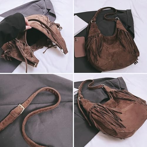 Image of Women Vintage Suede Fringe Hobo Bag Tote Shoulder Bag Crossbody Bag and Hippie Western Cowgirl Purse Shoulder Bag