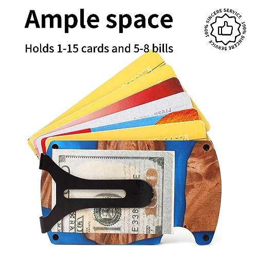 Image of Wallet for Men, Minimalist Slim RFID Blocking Resin Wood Credit Card Holder with Money Clip, Easily Removable Cash&Card Metal Wallet,Resin River,Natuarl Walnut Wood,Unique Pattern,Gift for Men