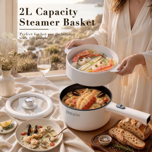 Image of Dezin 2L Hot Pot Electric, Non-Stick Electric Pan, 700W Adjustable Power | Electric Pot for Cooking /Steak /Egg /Fried Rice /Ramen /Soup, Portable Pot for Dorm /RV /Family /Travel /Camping, Include Spatula