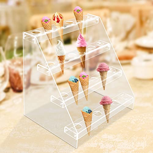 TFCFL Clear Acrylic Ice Cream Cone Holder Stand, Food Cone Display Stand Rack Ice Cream Cone Serving Holder for Buffets Party, 24 Holes Food Stand Multi Level Ice Cream Stand (4 Layer, 24 Hole)