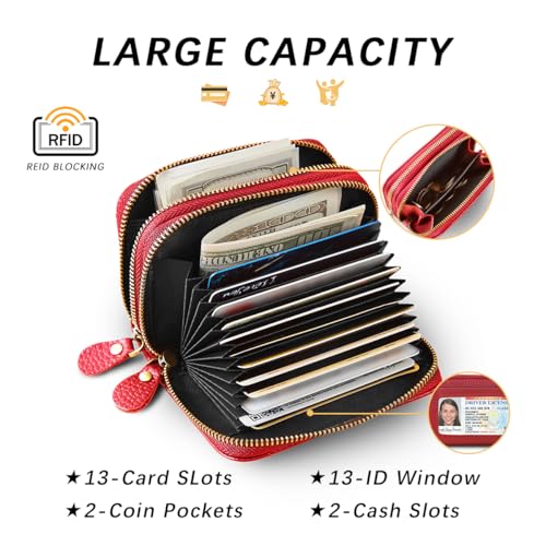 Rfid Blocking Zipper Genuine Leather Small Wallet with ID Window Credit Card holder for Women. (Red)2