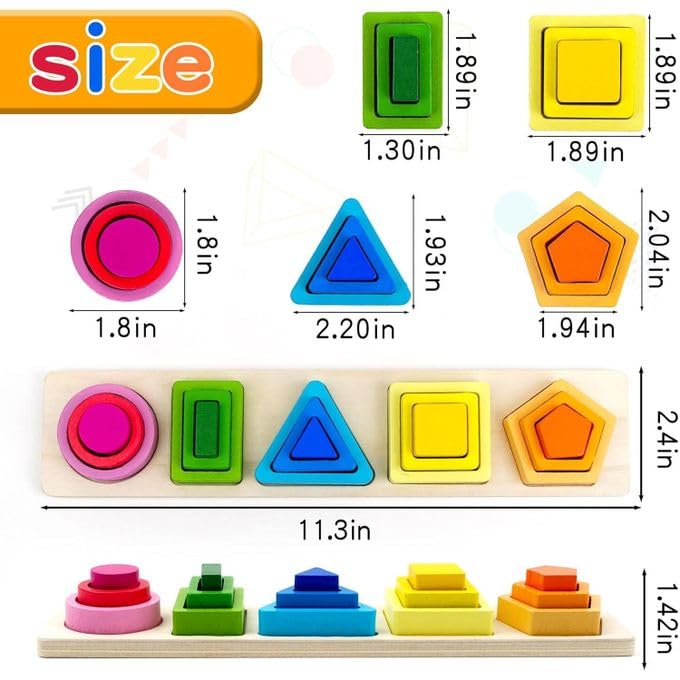 Image of SHINETOY 5-in-1 Shapes Stacker Wooden Building Blocks | Montessori Sorting & Stacking Toy for 1-3 Year Olds | Educational Color & Shape Learning Gift