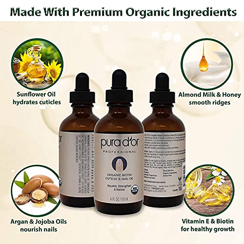 Pura D'or Organic Nail And Cuticle Oil (4Oz) Nourishing Treatment With Dropper - Natural Blend Enriched With Biotin, Vitamin E, Milk For Nail Growth, Healthy Nail Beds And Great For Acrylic Nails #TOP4