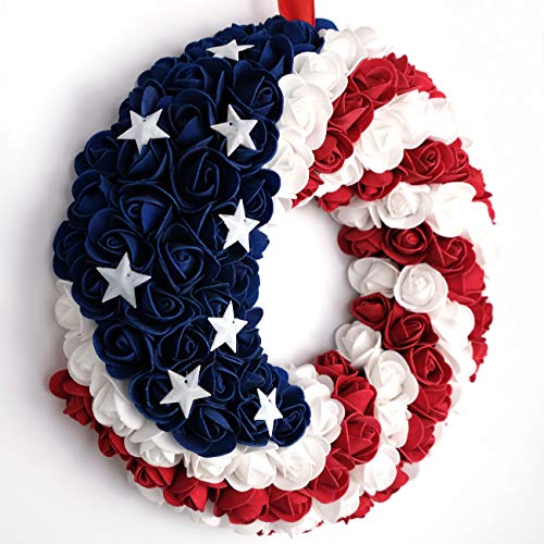 idyllic July 4th Wreath Patriotic Americana Wreath Boxwood Handcrafted Memorial Day Wreath Festival Garland Decoration Front Door Wall Home Decor (Blue)
