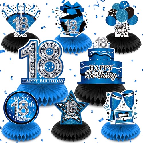 8Pcs Blue 18th Birthday Decorations Blue and Black Happy 18th Birthday Table Honeycomb Centerpieces for Table Decor 18th Birthday Table Topper for Boys Girls 18th Birthday Anniversary Party Supplies