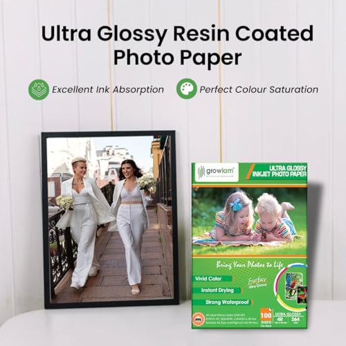 Image of Growlam Ultra Glossy Photo Paper 264 GSM 4R Size, 100 Sheets (Pack of 4) | Waterproof Technology, Instant Drying, Superior Colour Accuracy, Outstanding Ink Absorption, Resin-Coated for Long Durability