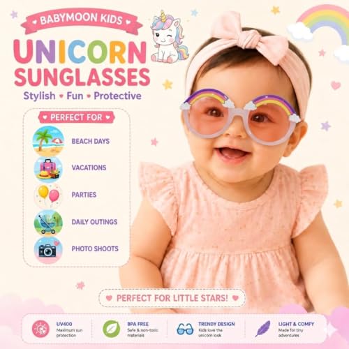 Image of BabyMoon Kids Unicorn Shaped Summer Sunglasses Goggles For Baby Girls & Boys | 2-8 Y | Pink