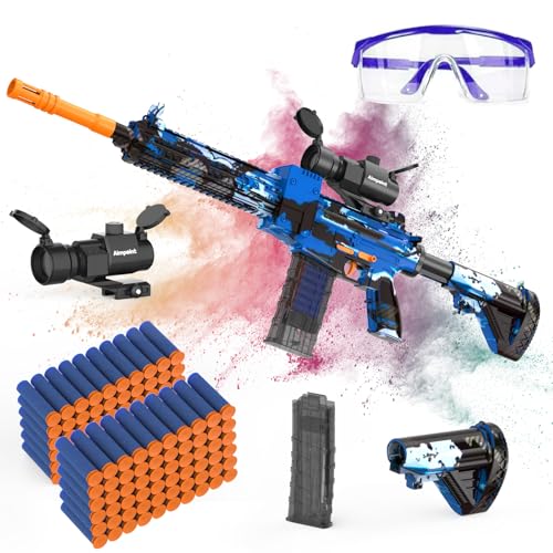 Automatic Toy Foam Blaster Sniper with Scope, Electric Toy Gun Dart Blaster with 120 Foam Darts for Guns, IR, Flashlight, Goggles, Air Pocket Technology Outdoor Shooting Game Kids Toys for 8-12- Blue