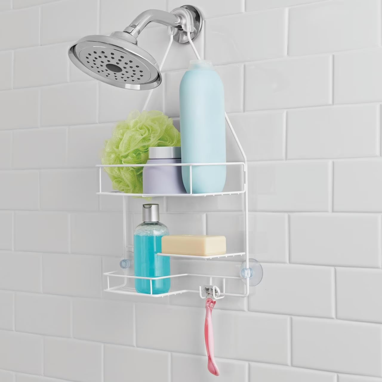 Basic Hanging Shower Caddy with 2 Shelves and Soap Tray White