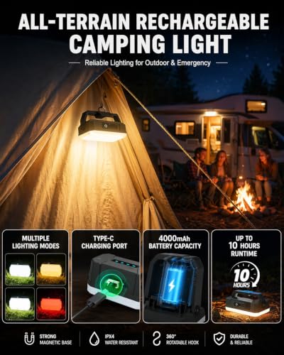 Image of LETOUR USB Rechargeable Camping Lantern 2000Lumen, 4000mAh LED Work Light with Tripod Stand & Magnet, 3 Colors 10~100% Brightness for Tent, Emergency, Hiking, Blackout (with Bag)