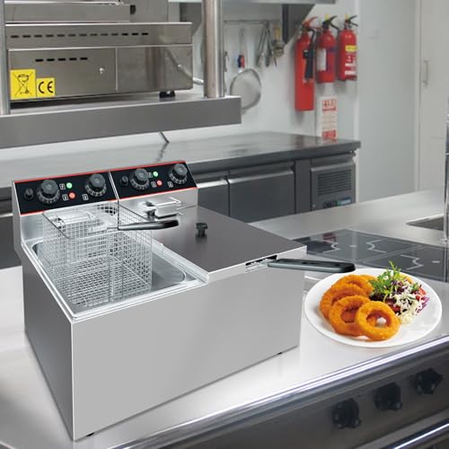 GarveeHome Commercial Deep Fryer with Basket, 8.4 QT/8 L Stainless Steel Electric Countertop Fryer with Double Tanks and Temperature Control for Restaurant and Home Use,1800 W+1800 W