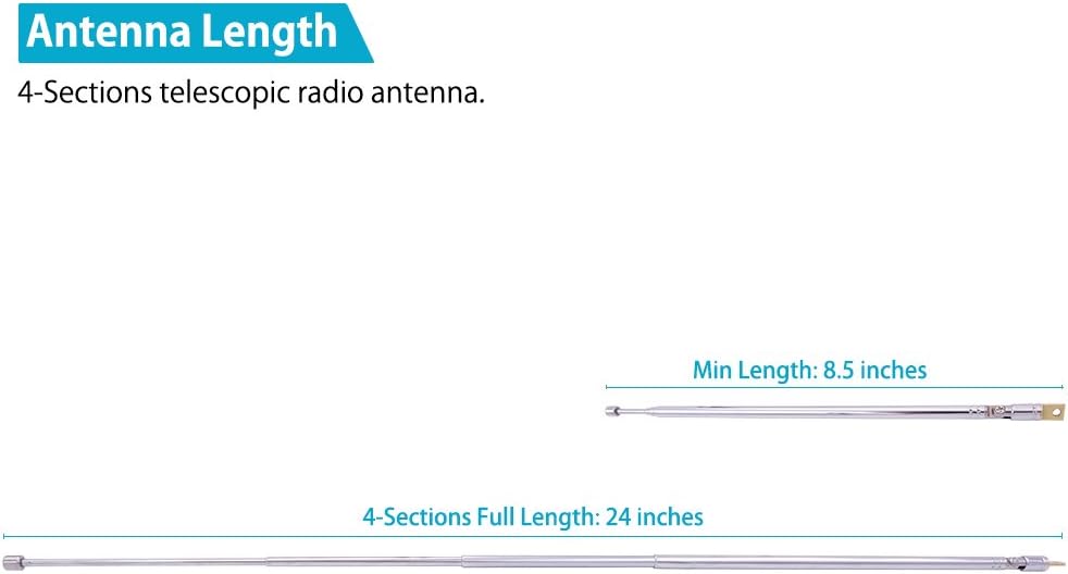 Diagram illustrating the minimum and maximum lengths of the 4-section telescopic antenna.
