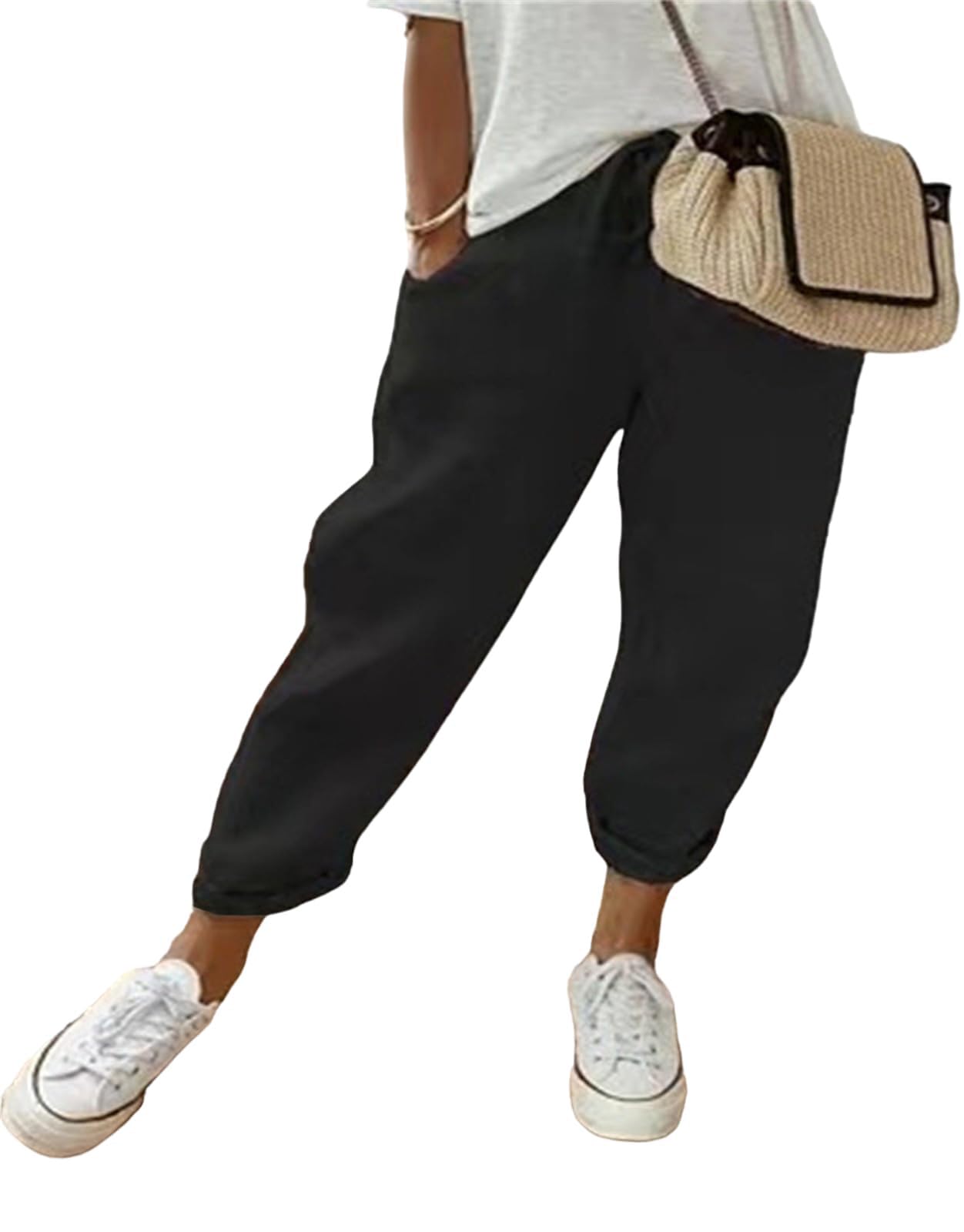 MorFansi Damen Leinenhose Casual Leicht Sommerhose Bequeme Luftige Hose Freizeithose Strandhose mit Taschen