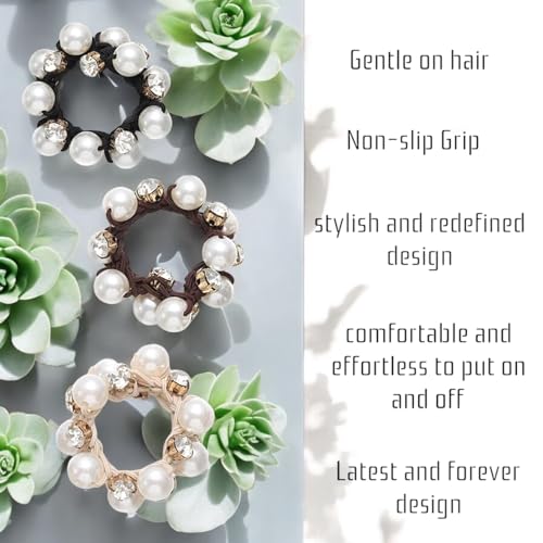 Frescorr (3 pcs) Luxury Pearl & Crystal RhineStone scrunchies for Women | Girls | Pack of 3 | Rubber Band | Hair Ties | Ponytail Holders |... - Image 4
