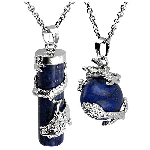 Jovivi 2pc Dragon Wrapped Dyed Lapis Lazuli Round Ball Cylinder Gemstone Healing Crystal