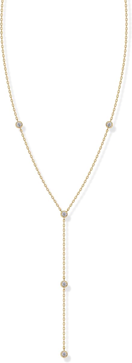 14K Gold Plated Drop Lariat Chain for Women - Cubic Zirconia Long Necklace - Station Star Layered Beaded Y Necklace