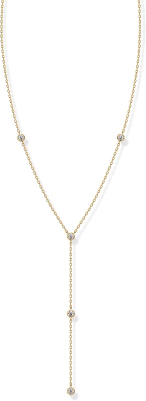 14K Gold Plated Drop Lariat Chain for Women - Cubic Zirconia Long Necklace - Station Star Layered Beaded Y Necklace