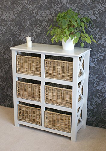 Amari Leisure Gloucester Large 6 Willow Basket Drawer Storage Unit Chest in Pearl White Painted Finish
