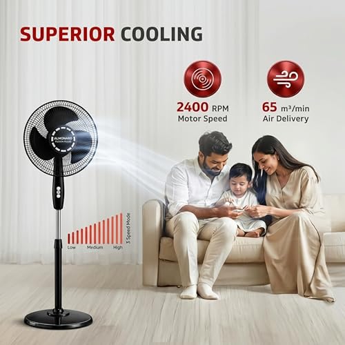 Image of Almonard Fusion Pulse 2-in-1 Pedestal & Table Fan 300mm | High Speed 2400 RPM | Full Copper Motor | Thermal Protection | 3 Speed | Small Stand Fan for Home & Office | 2 Year Warranty (Black)