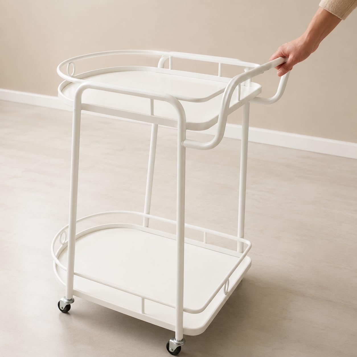Carrello con Ruote in Metallo, Carrello Ristorante e Salone, Carrello Multiuso per Casa e Hotel, Design Artistico, Bianco, Carrello a 2 ripiani grande