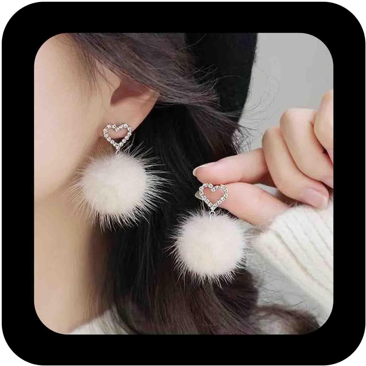 Winter Pom Pom Earrings White Fluffy Stud Earrings Pom Pom Ball Earrings Faux Fur Ball Earrings Fluffy Pom Dangle Earrings Jewelry for Women(Triangle Style)