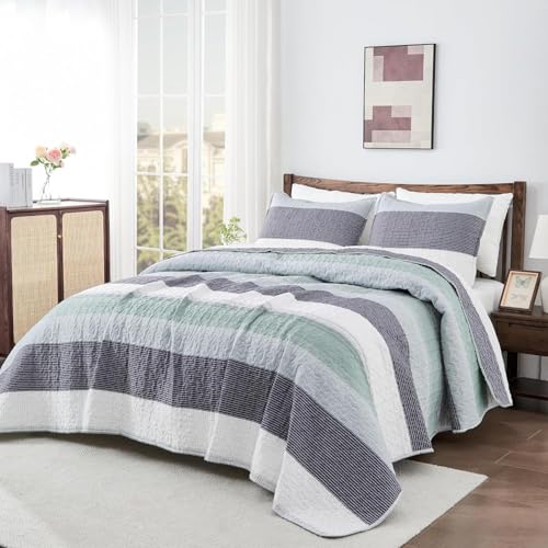Image of Andency Oversized King Quilt Bedding Set, 120x98Inch Sage Green Stripe Bedspread Coverlet 3 Pieces, Soft Lightweight Mint Patchwork Quilted Bed Set for All Season (1 Quilt, 2 Pillowcases)