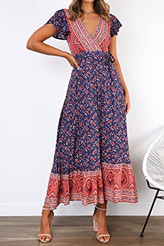 Image of R.Vivimos Women's Summer Short Sleeve Floral Print Bohemian Beach Waist Tie Wrap Long Flowy Dress with Slit