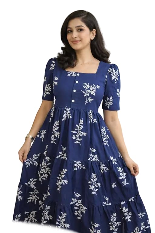 Image of Women's Round Neck Floral Block Printed Elbow Sleeves Front Button Detailing Layered and Tiered Hem Kurti Gown