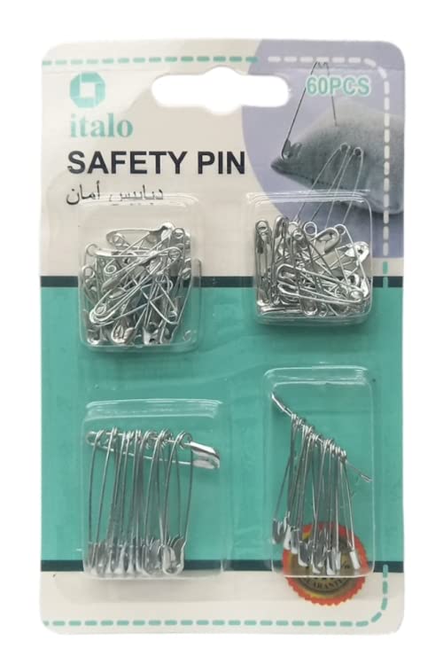 60 Piece Mix Size Safety Pin Set Silver Color General Purpose