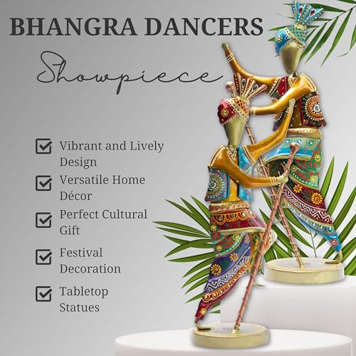 Image of KRAFTSKALA Handcrafted 14-Inch Bhangra Dancer Statues - Vibrant Punjabi Folk Dance Metal Showpiece Set for Traditional Indian Home Decor - Ethnic Festival Gift