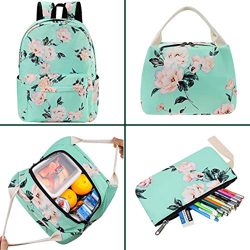 Junlion Flowers Backpack Kids School Bag 3-In-1 Bookbag Set, Rose Laptop Backpack Lunch Bag Pencil Case Gift For Teen Girls Womens Green #TOP2