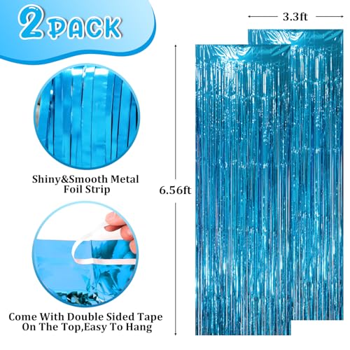 Image of Voircoloria 2 Pack Retro Blue Foil Fringe Backdrop Curtains, Tinsel Streamers Party Decorations, Fringe Backdrop, Door Shimmer for Retro Theme Party
