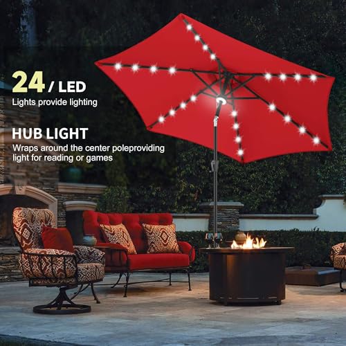 Image of 10ft Solar Patio Umbrella - Outdoor Umbrella with Centre Surround Light 24 LED Lights, Market Table Umbrella with Tilt for Pool, Porch, Garden, Deck, Backyard UV Protection (Red)