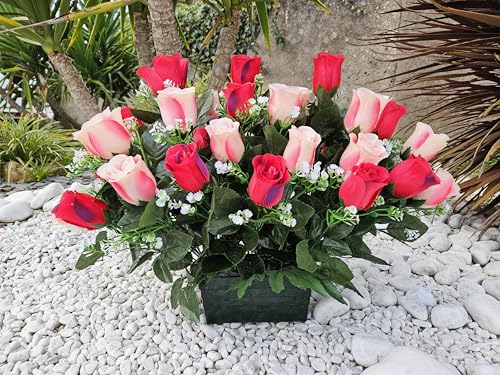 Composition de Fleurs Artificielles Lesté Ciment Pour Une Parfaite Tenue à L' extérieur. Réalisé Par nos Soins, Fleurs de Qualité.