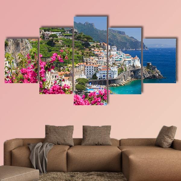 Cadre decoration murale de salon moderne motif Italie Amalfi en toile 5 parties