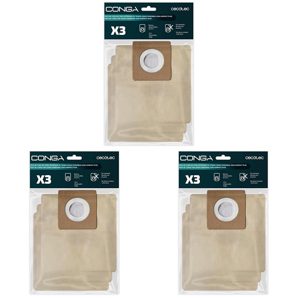 Cecotec Pack 3 Staubsaugerbeutel für Bodenstaubsauger Conga PowerBag 2500 Compact Plus. Enthält Beutel kompatibel mit Conga Powerbag 2500 Compact Plus (Packung mit 3)