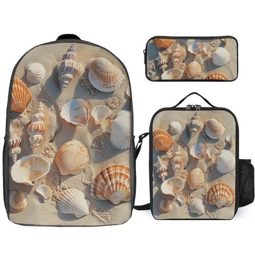 3 Piece Backpack for Women Men Lightweight Causal Daypack Shoulder Bag Set with Insulated Lunch Bag And Pencil Case Organizers Pile of Shells